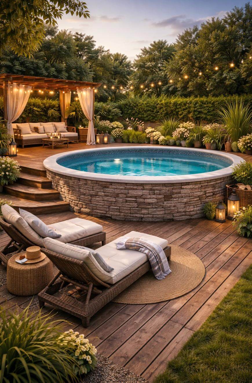 A cozy backyard features a round above-ground pool with stone siding, surrounded by wooden decking, lounge chairs, a pergola with curtains, string lights, lush greenery, and soft evening lighting.