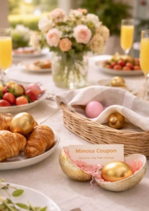A brunch table set with croissants, strawberries, champagne flutes of orange juice, a basket of gold and pink eggs, and a vase of flowers. A golden egg sits open with a Mimosa Coupon inside.