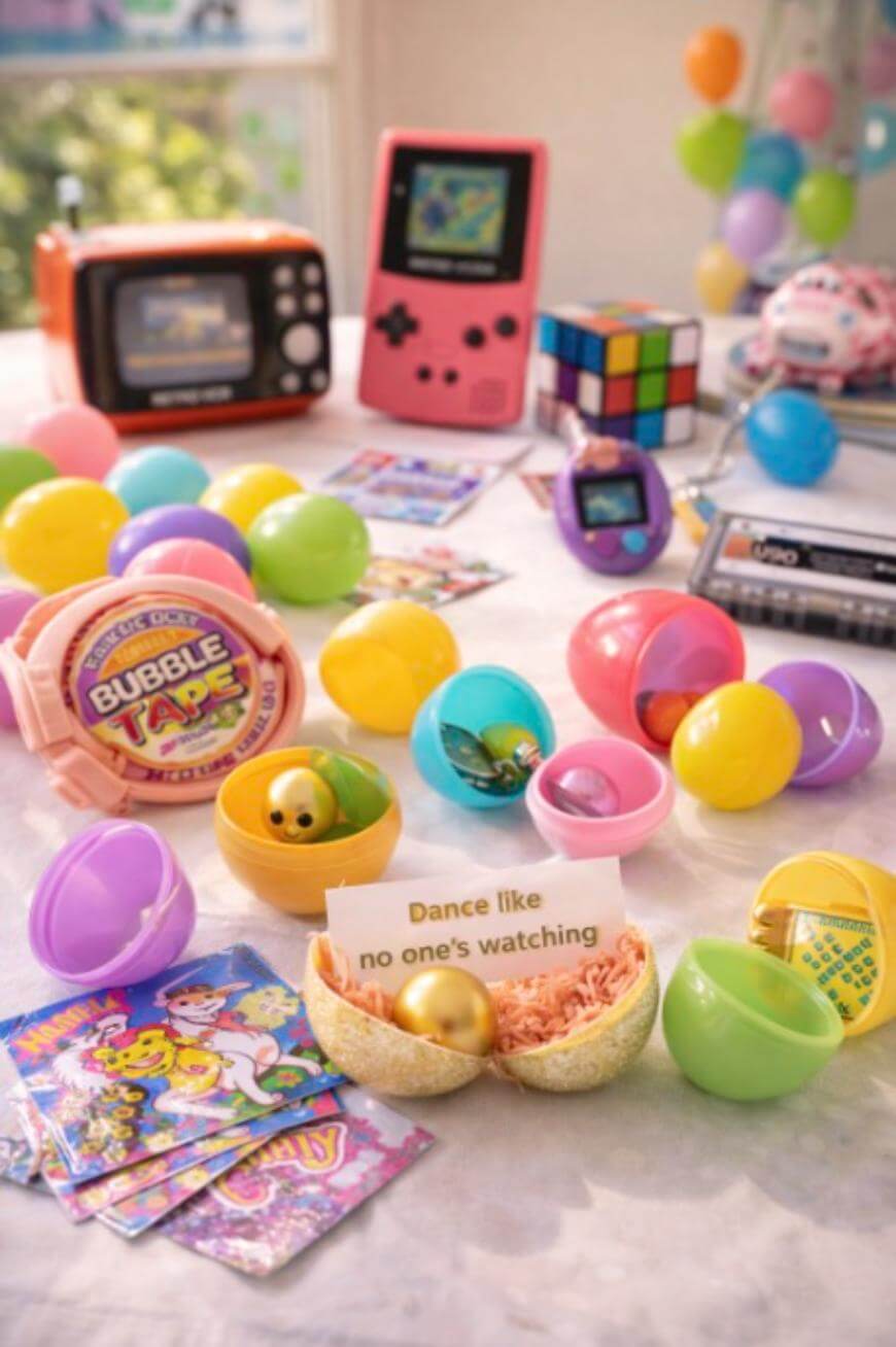 A table displays colorful plastic eggs, a pink toy handheld game, a Rubik’s cube, a Tamagotchi, a cassette tape, a mini TV, Bubble Tape gum, trading cards, and balloons in the background.