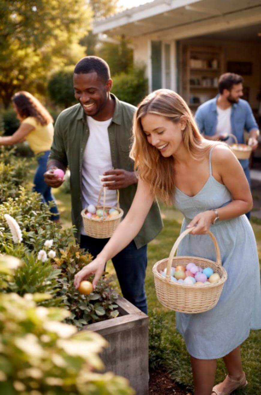 Two adults with baskets search for colorful Easter eggs in a garden, smiling and enjoying the outdoor activity. Others are seen in the background also participating in the egg hunt near a house.