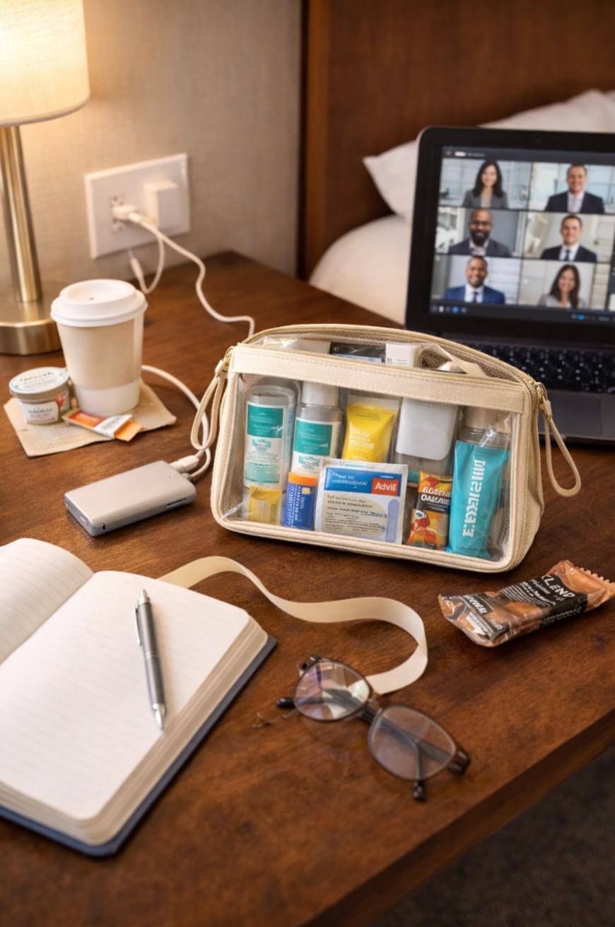 A clear toiletry bag with travel-size bottles, sanitizer, lotion, and medicine sits on a hotel desk. Nearby are a notebook with a pen, glasses, a snack bar, coffee, a laptop showing a video call, and a portable charger.