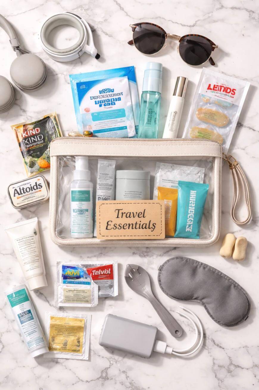 Flat lay of travel essentials including headphones, sunglasses, snacks, medications, toiletries, an eye mask, earplugs, sanitizer, wipes, a charger, and a clear pouch labeled “Travel Essentials” on a marble surface.