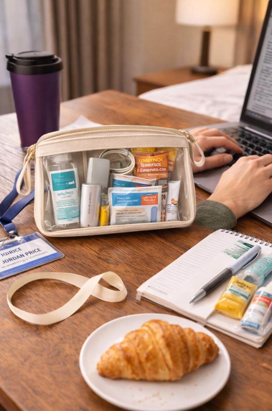 A clear pouch filled with medicines and toiletries sits on a desk next to a croissant on a plate, a pen, a notepad, a name badge, a coffee tumbler, and a person typing on a laptop.