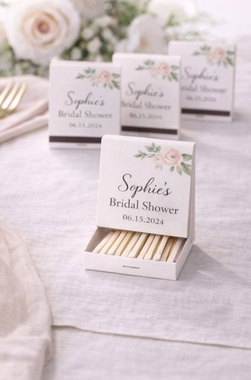 Small boxes labeled “Sophies Bridal Shower 06.15.2024” with floral designs are displayed on a table set with a light tablecloth, cutlery, and blurred white flowers in the background. One box is open to show mints inside.