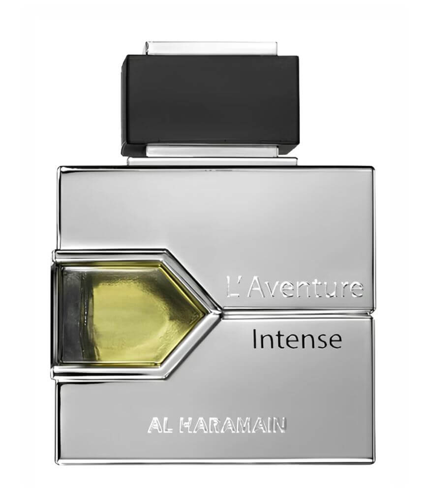 A silver rectangular perfume bottle labeled L’Aventure Intense Al Haramain with a black cap and a yellow liquid visible through a geometric window on the left side.