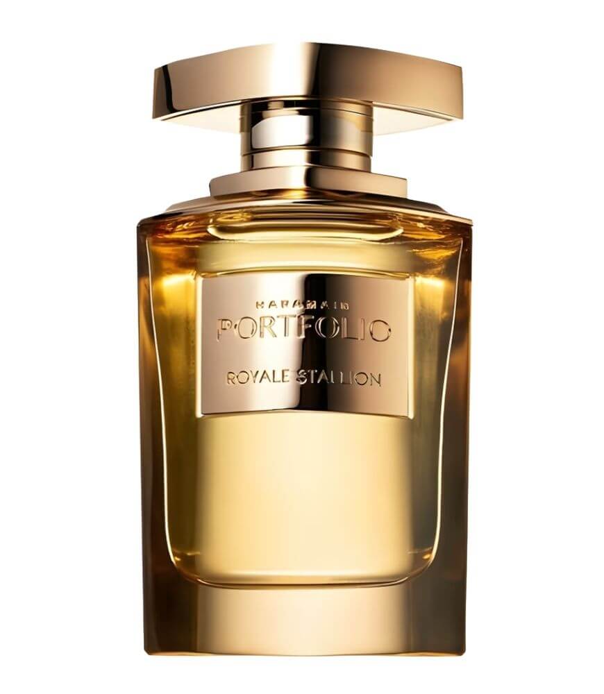 A gold and clear glass perfume bottle labeled Portfolio Royal Stallion with a shiny gold cap, photographed on a white background.