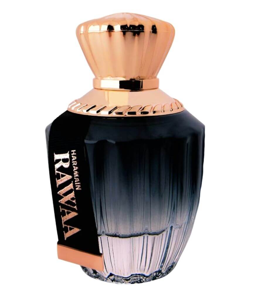 A decorative perfume bottle with a gold cap and a gradient black-to-clear glass body, featuring a label that reads Haramain Rawaa.