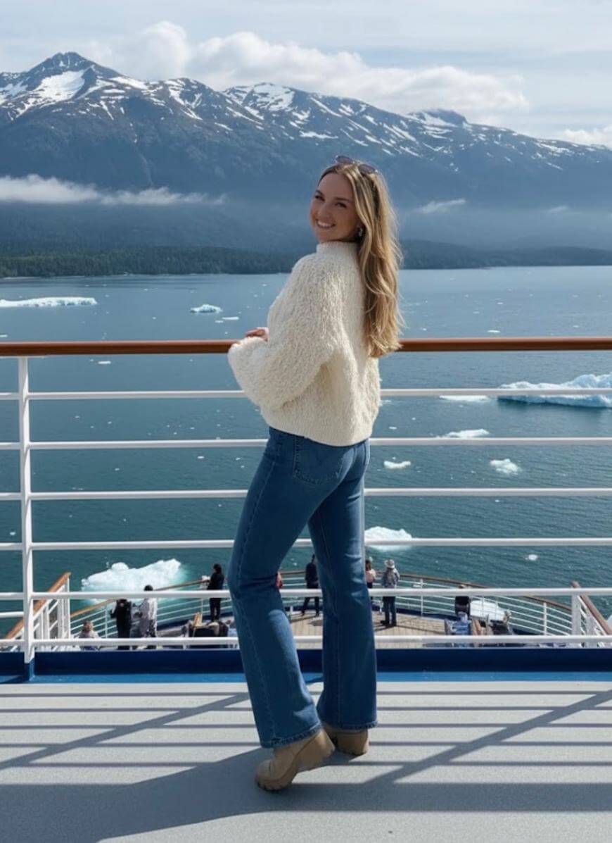 A woman in a white sweater and blue jeans smiles while standing on a ship deck, with snowy mountains, icebergs, and calm blue water in the background. Other people are visible on a lower deck.