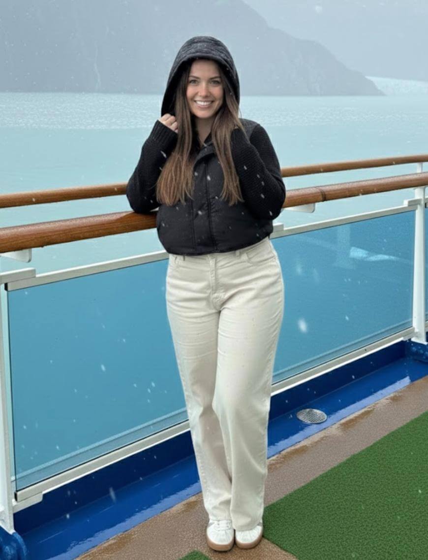 A woman in a black hooded jacket and white pants smiles while standing on a ship deck in light snowfall. Glacial blue water and snow-capped mountains are visible in the background.