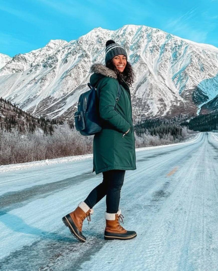 A person in a green parka, winter boots, and a beanie stands smiling on a snowy road, with snow-covered mountains and a bright blue sky in the background.