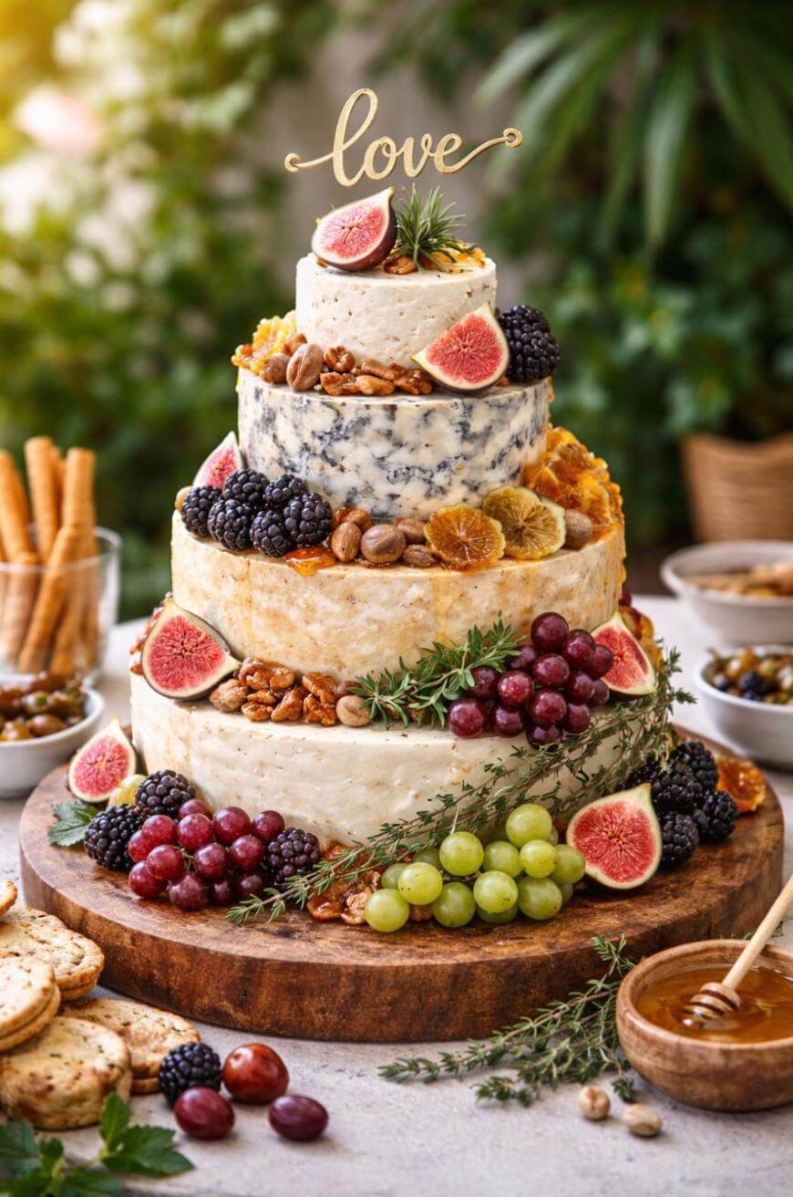 A four-tiered cheese wheel cake decorated with figs, grapes, blackberries, walnuts, herbs, and dried fruit, topped with a gold love sign. Surrounding it are crackers, honey, and breadsticks on a rustic table.