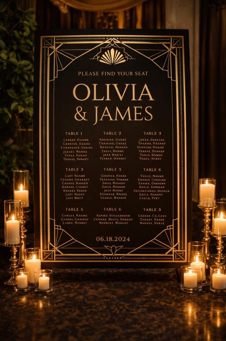 Elegant wedding seating chart for Olivia & James, dated 06.18.2024, with guest names listed under seven tables. The board is surrounded by lit candles in glass holders, set in a dim, warm-lit room.