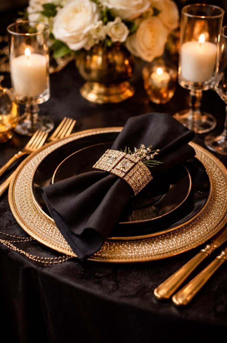 A luxurious table setting with gold-rimmed plates, gold cutlery, and a black napkin in a jeweled napkin ring. The table features lit candles and white flowers in elegant vases, creating a sophisticated atmosphere.