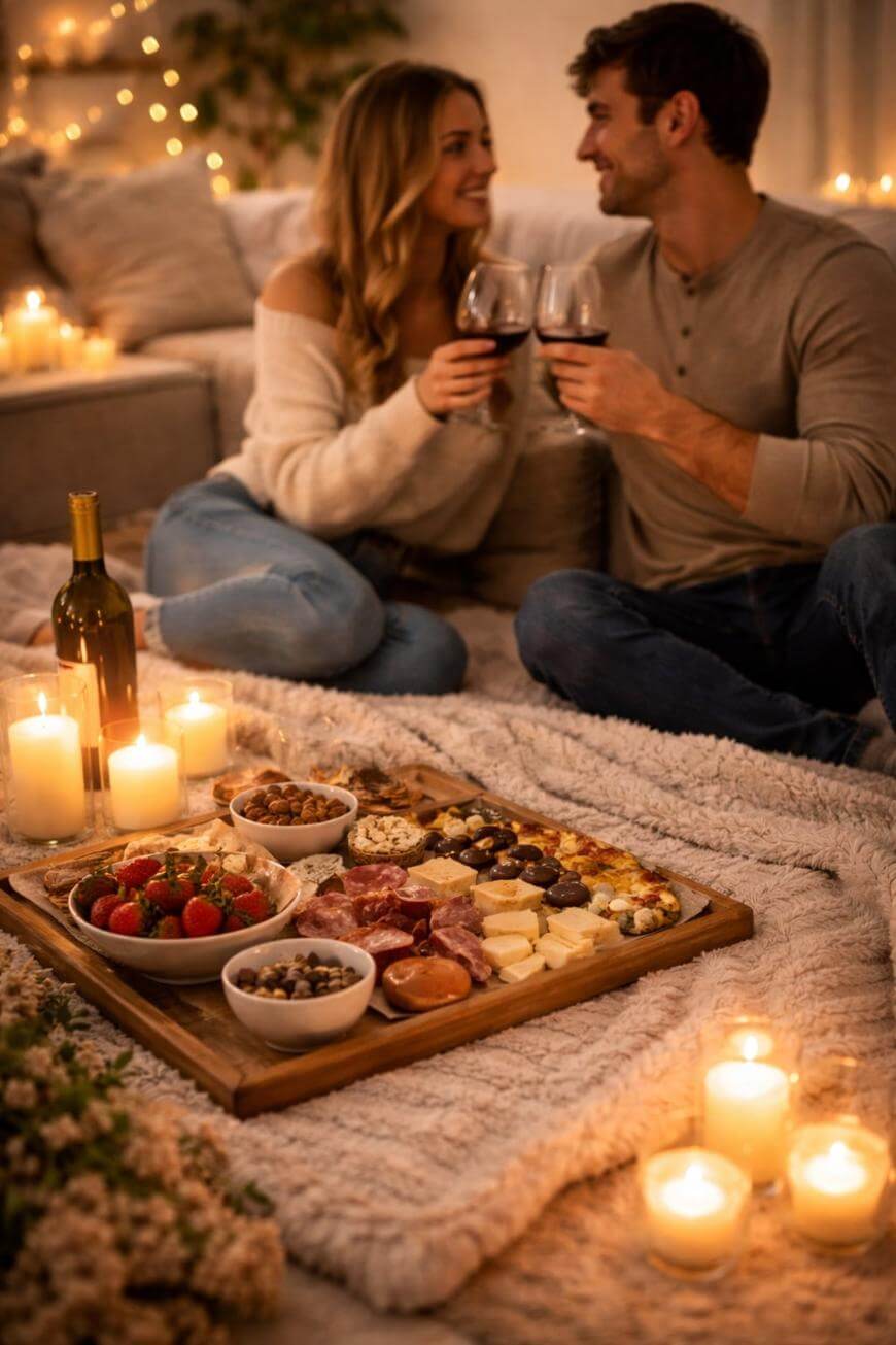 A couple sits on a cozy blanket surrounded by lit candles, smiling and clinking glasses of red wine. In front of them is a tray with cheese, charcuterie, fruit, and snacks, creating a warm, intimate atmosphere.