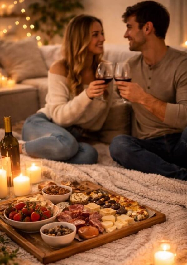 A couple sitting on a blanket, surrounded by lit candles, shares a toast with red wine. In front of them is a large wooden tray with assorted cheeses, meats, fruits, and snacks, creating a cozy, romantic atmosphere.