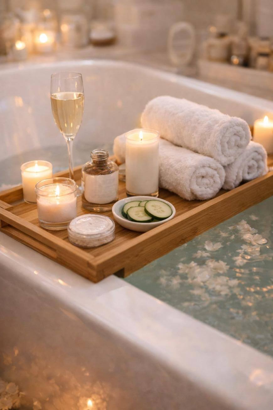 A wooden tray rests on a bathtub filled with water and floating petals, holding rolled white towels, lit candles, sliced cucumbers, jars, and a glass of champagne, creating a relaxing spa-like atmosphere.
