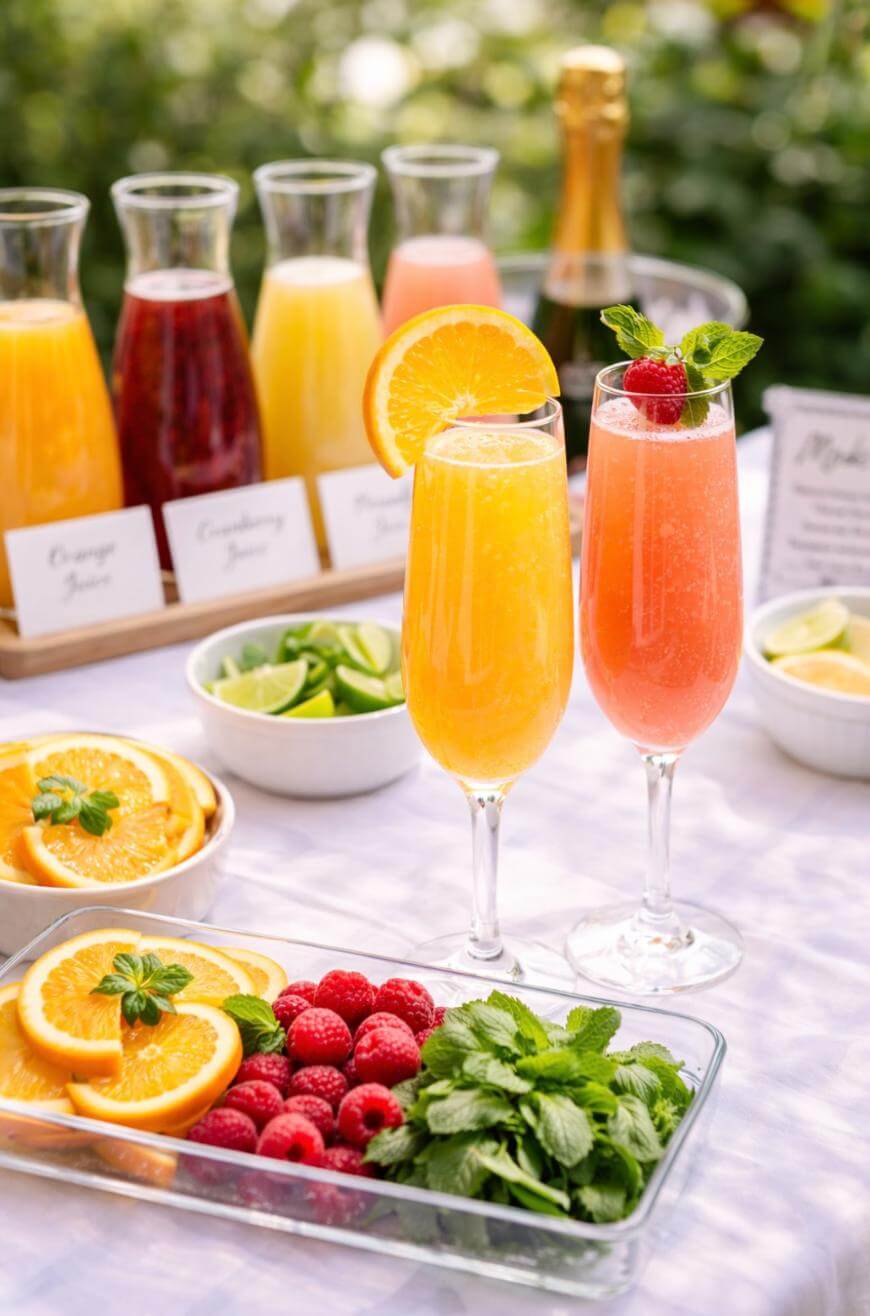 A brunch table displays two champagne flutes with orange and pink cocktails garnished with fruit, surrounded by fresh oranges, raspberries, mint, lime wedges, and carafes of juice with labeled signs in the background.