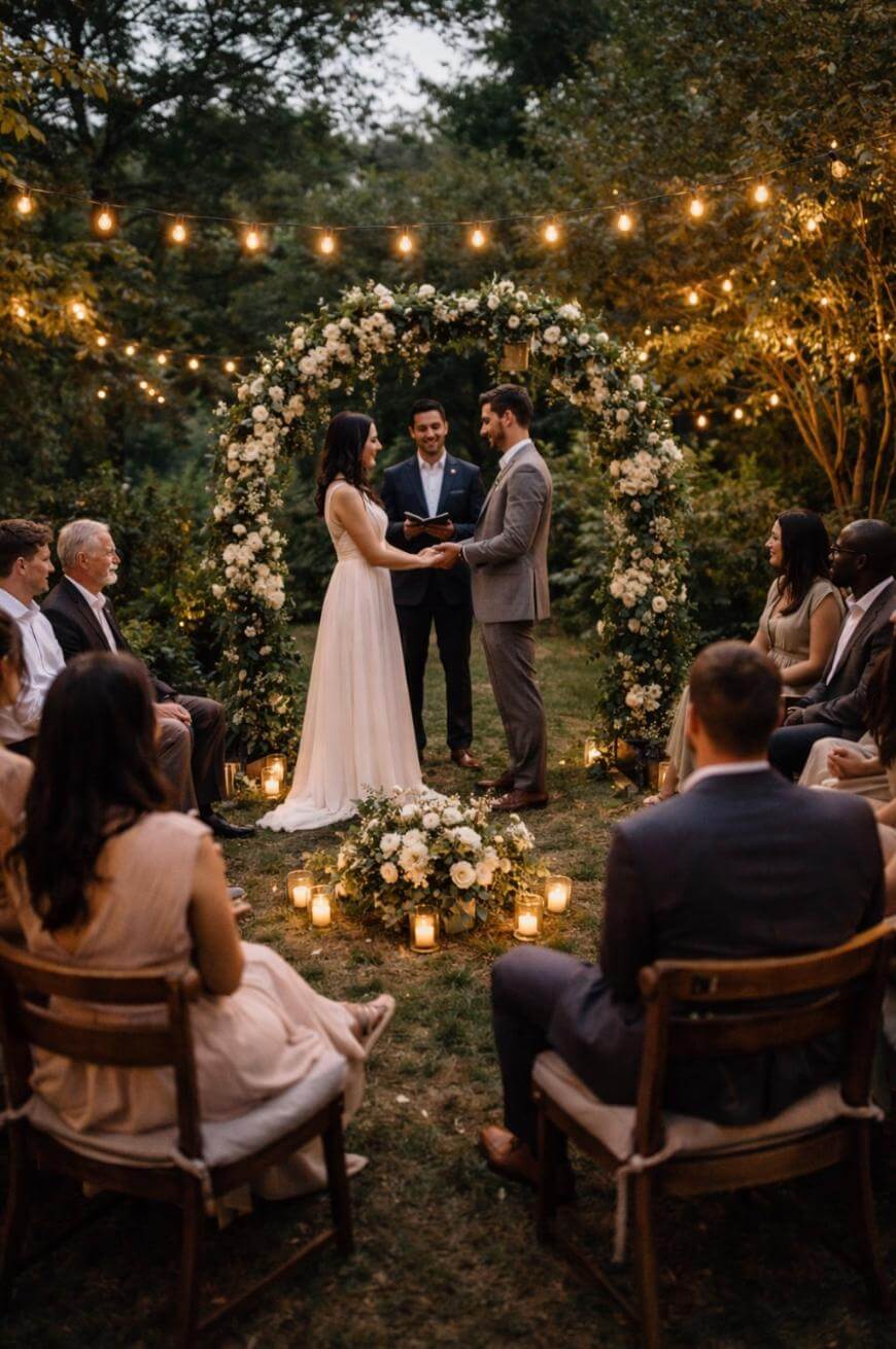 A bride and groom stand under a flower arch, exchanging vows at an outdoor wedding ceremony. Guests are seated in a circle, surrounded by string lights, candles, and greenery, creating a warm and intimate atmosphere.