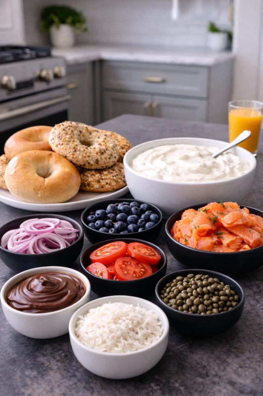 A kitchen counter with bagels, cream cheese, smoked salmon, sliced tomatoes, red onion, blueberries, capers, chocolate spread, shredded coconut, and a glass of orange juice in bowls and plates.