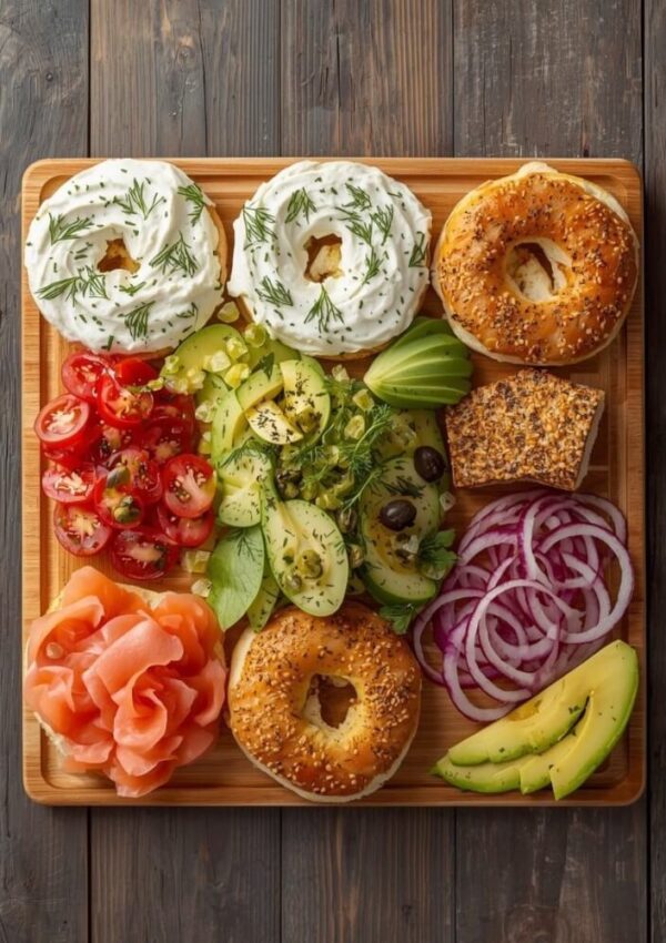 A wooden board with bagels topped with cream cheese and dill, sliced tomatoes, cucumbers, avocado, red onion, olives, smoked salmon, and a seeded cracker arranged neatly on top.