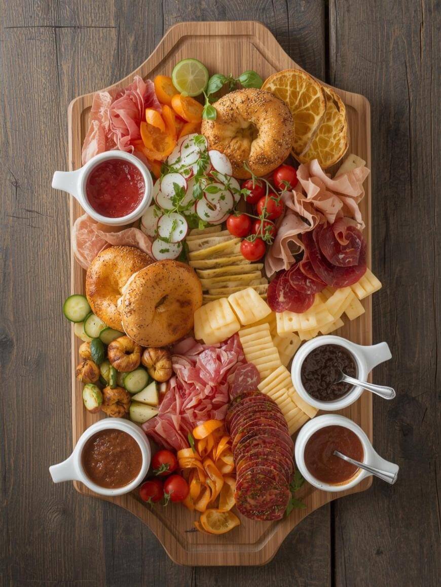 A wooden board topped with bagels, assorted sliced cheeses and meats, fresh vegetables, cherry tomatoes, orange slices, pickles, and four small bowls of different spreads, arranged neatly for serving.