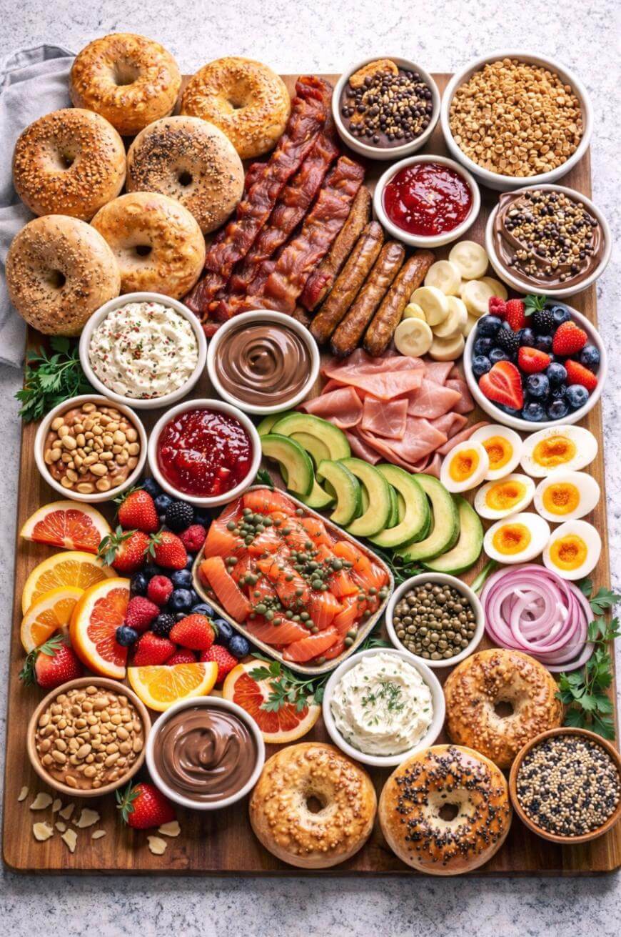 A large wooden board filled with bagels, smoked salmon, sliced avocado, boiled eggs, fresh fruits, deli meats, spreads, jams, granola, nuts, herbs, bacon, and sausage links, arranged in a colorful, appetizing display.