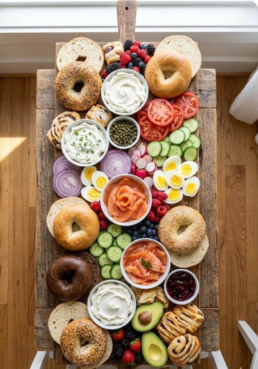 A wooden board topped with bagels, cream cheese, smoked salmon, sliced tomatoes, cucumbers, red onions, capers, avocado, berries, radishes, pastries, and jam, all arranged neatly for a colorful breakfast spread.