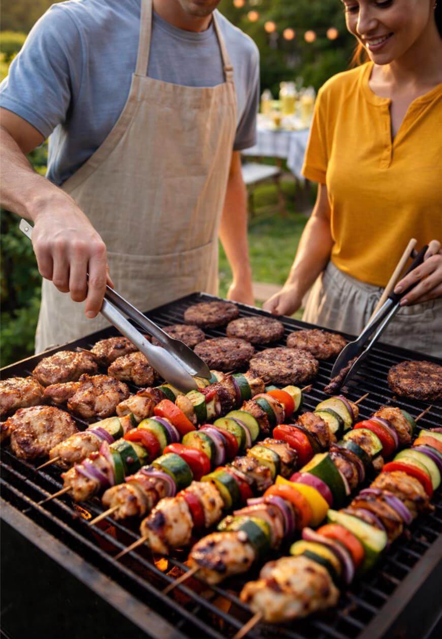 Two people grilling colorful vegetable and chicken skewers, hamburgers, and chicken on an outdoor barbecue grill, enjoying a cookout in a garden setting.
