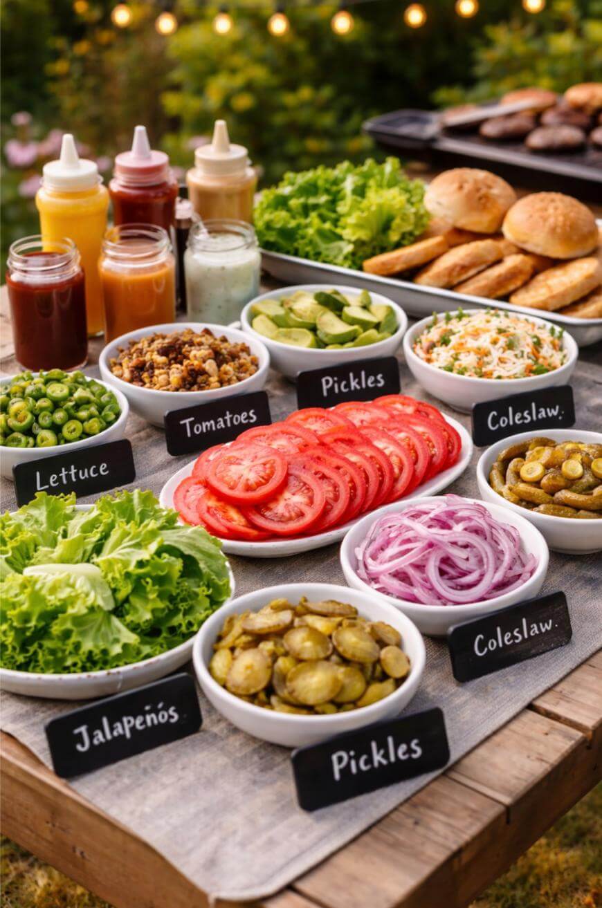 A picnic table displays bowls of burger toppings, including lettuce, tomatoes, red onions, pickles, jalapeños, coleslaw, and sauces, with buns and burger patties in the background.