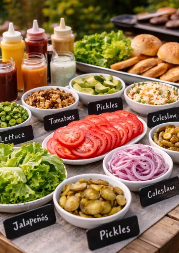 A variety of burger toppings are arranged in bowls on a table, including sliced tomatoes, pickles, jalapeños, onions, coleslaw, avocado, and lettuce, with condiments and burger buns in the background.