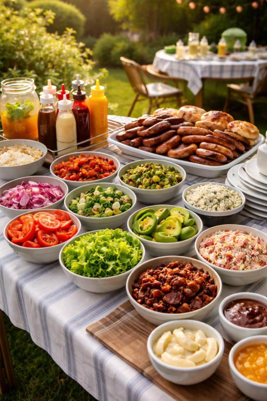 A picnic table outdoors is covered with bowls of fresh toppings, including sliced tomatoes, lettuce, onions, avocado, beans, and sauces, alongside platters of grilled sausages and buns, ready for a barbecue gathering.
