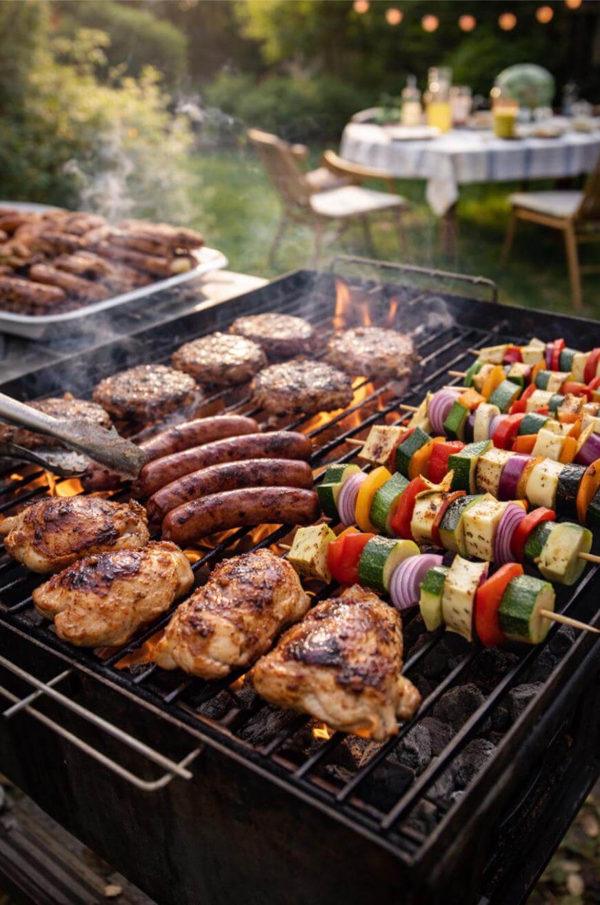 A grill loaded with sausages, burgers, chicken, and vegetable skewers cooks outdoors. In the background, a table is set for a meal in a garden with string lights overhead.