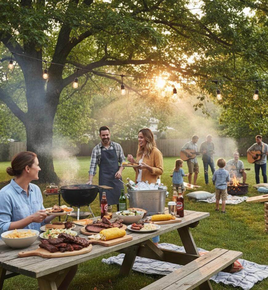 A group of people enjoy a backyard barbecue with food on picnic tables, string lights hanging from trees, and some children and adults in the background near a campfire and playing guitar at sunset.