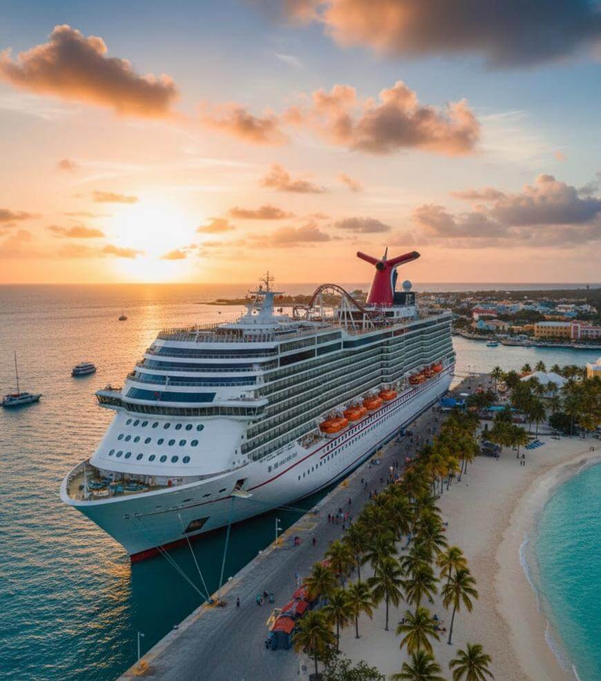 A large cruise ship docked beside a sandy beach lined with palm trees at sunset, with calm ocean waters and a colorful sky in the background.