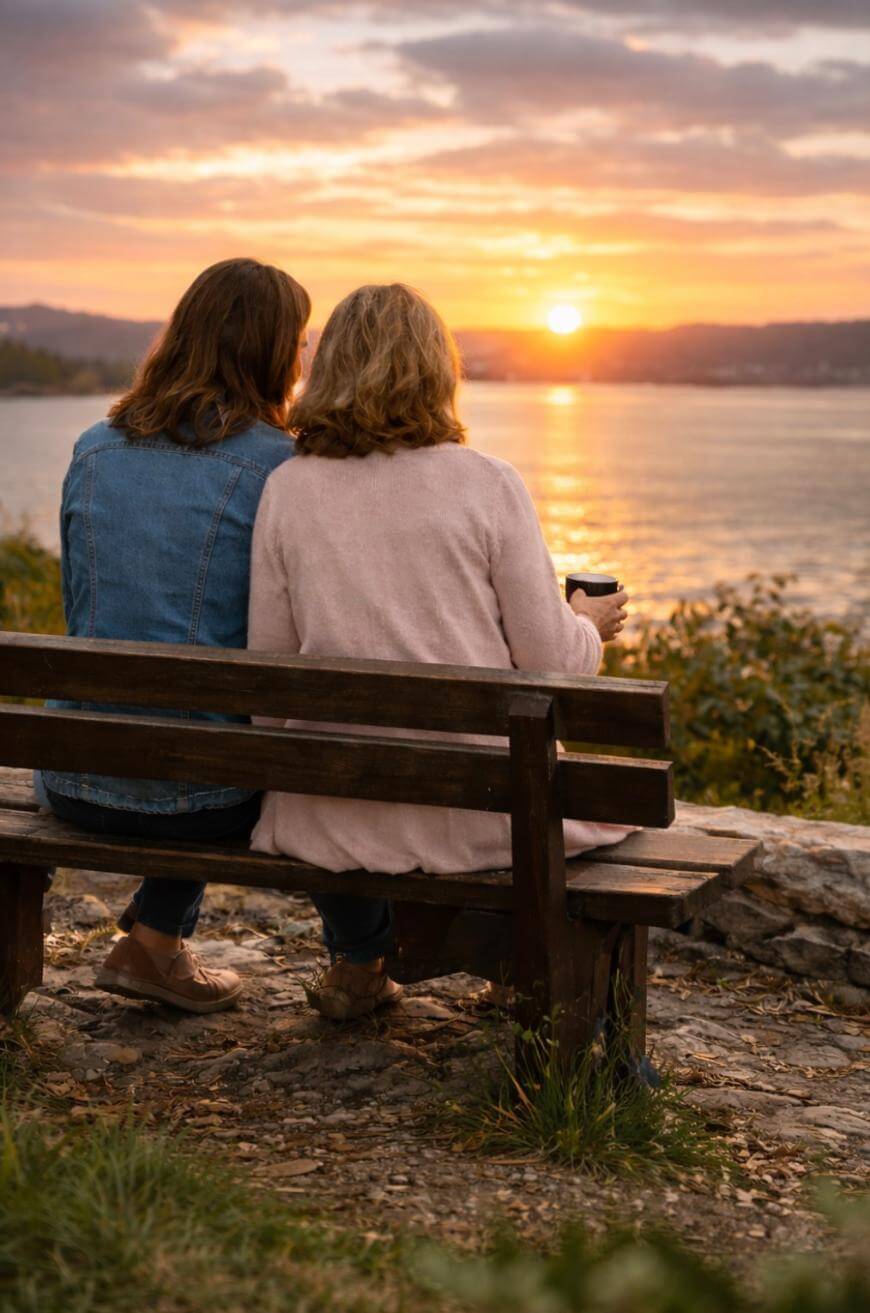 Two people sit closely together on a wooden bench, facing a calm lake at sunset. They appear to be enjoying the view and a warm drink, with soft sunlight reflecting off the water and clouds in the sky.