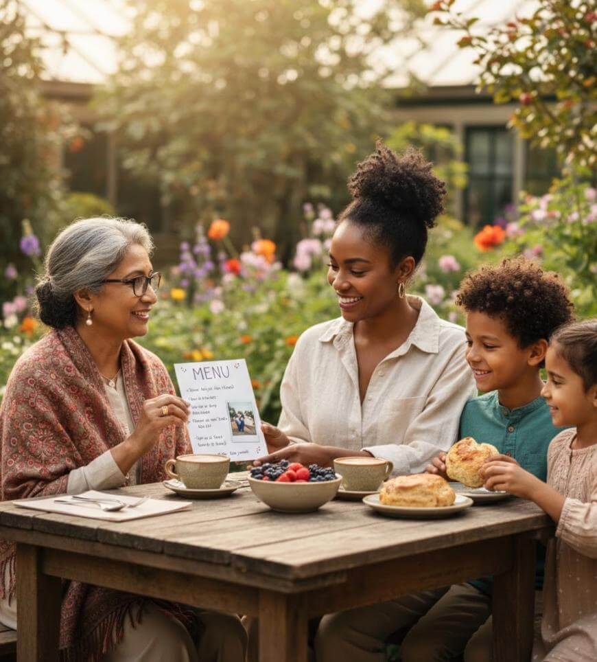 Three people and two children sit at a wooden outdoor table with tea, scones, and fruit. One woman shows a menu, while everyone smiles, surrounded by flowers and greenery in a sunlit garden setting.