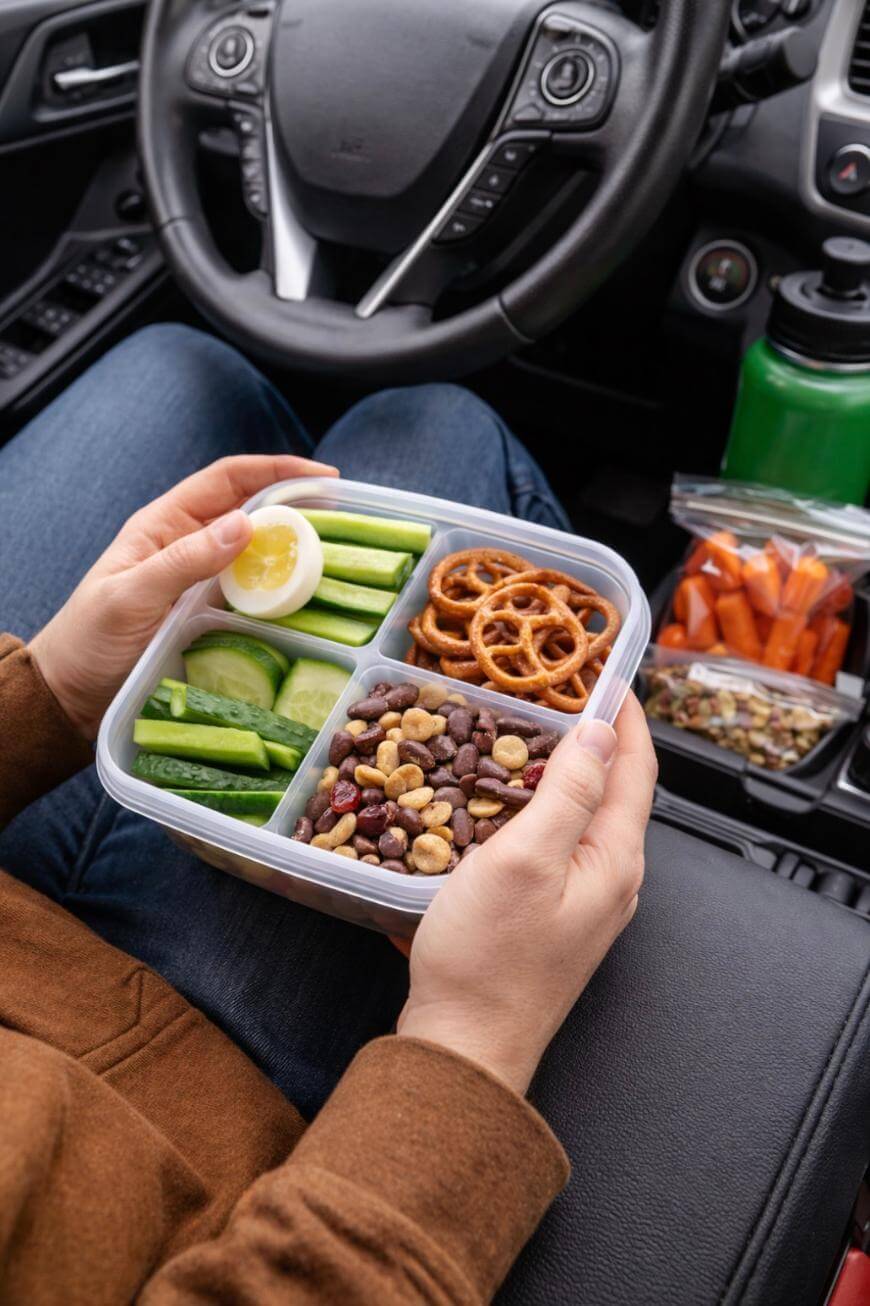 A person sitting in a car holds a divided container with cucumber slices, half a boiled egg, pretzels, mixed nuts, and trail mix. Snacks, a water bottle, and carrot sticks are on the car’s center console.