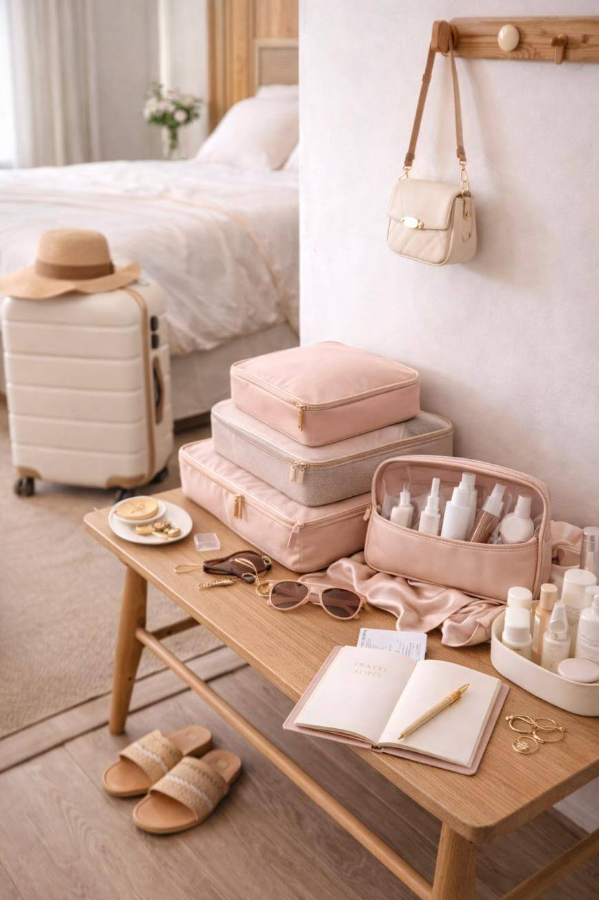 A neatly arranged travel scene with pink packing cubes, toiletries, sunglasses, and a notebook on a wooden bench; a beige suitcase and hat near a bed in a softly lit, cozy bedroom.