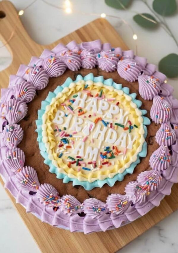 A large round cookie cake decorated with purple, yellow, and blue icing, colorful sprinkles, and the message HAPPY BIRTHDAY AM written in white icing, placed on a wooden board.