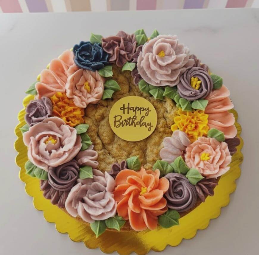 A large cookie cake decorated with colorful buttercream flowers and green leaves, arranged in a circle. In the center, there is a yellow fondant disc with “Happy Birthday” written on it in black script.