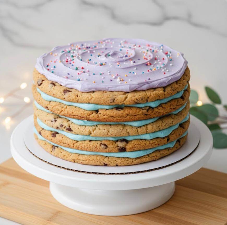 A layered cookie cake with chocolate chip cookies and blue frosting, topped with light purple icing and colorful sprinkles, displayed on a white cake stand.