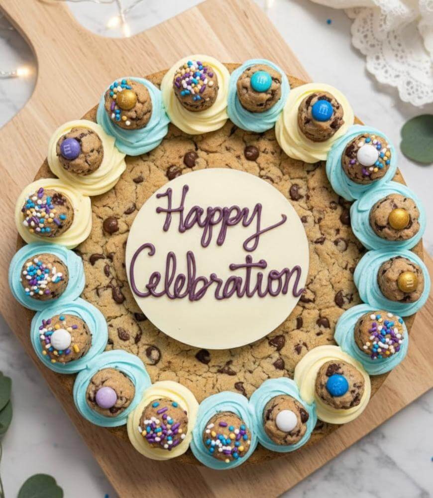 A large round chocolate chip cookie cake with Happy Celebration written in purple icing, decorated with blue and yellow frosting swirls, mini cookies, and colorful candies around the edge, on a wooden board.