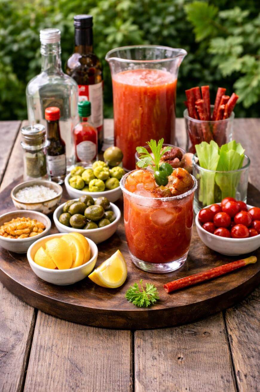 A Bloody Mary cocktail in a salt-rimmed glass is surrounded by garnishes like celery, olives, cherry tomatoes, lemon wedges, pickles, spices, and bottles of mixers, all arranged on a rustic wooden table outdoors.