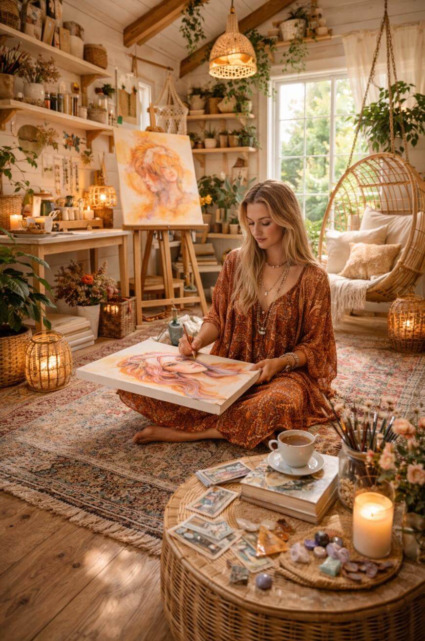 A woman in a flowing dress sits on a rug in a cozy, plant-filled room, painting on a canvas. Art supplies, candles, crystals, and a cup of tea are on a low table nearby. Sunlight streams through large windows.