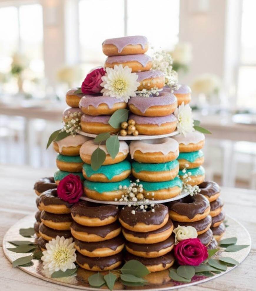 A tiered donut cake decorated with colorful donuts, fresh white and red flowers, greenery, and small white berries on a white stand in a bright, elegant setting.