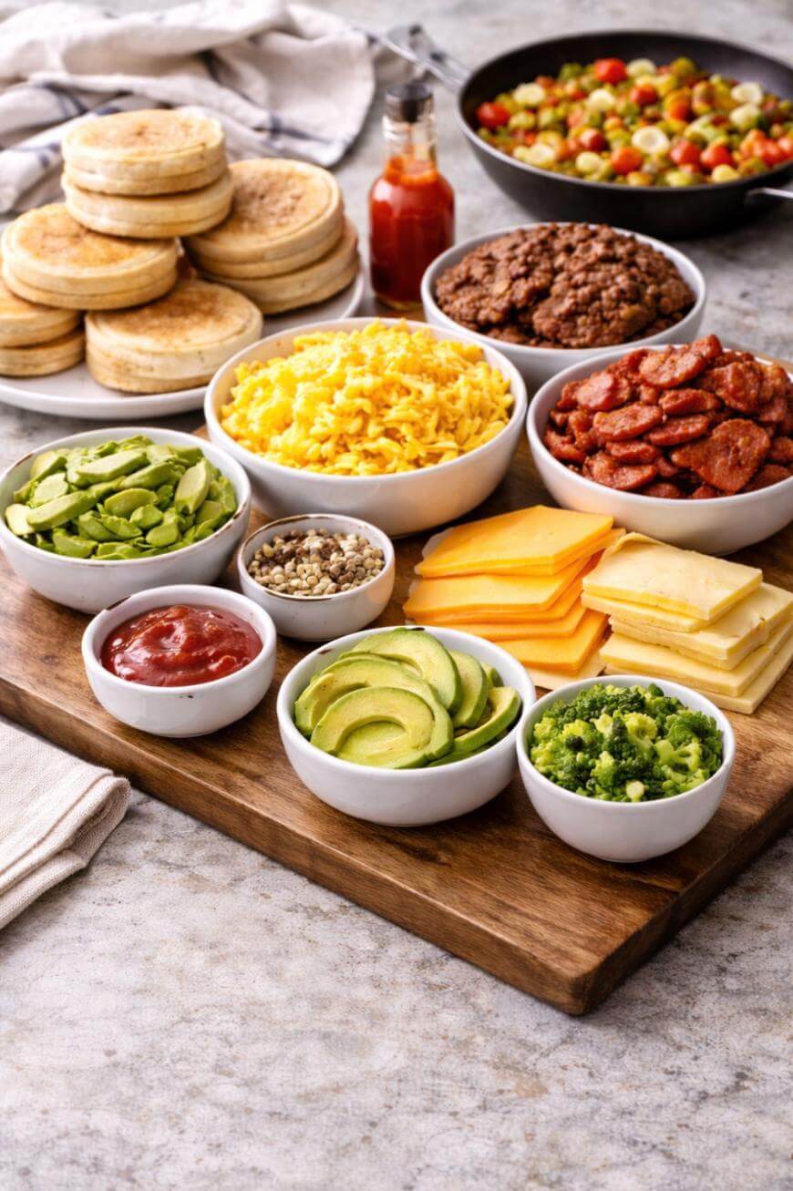 A breakfast spread with English muffins, scrambled eggs, sausage, ground meat, sliced cheese, avocado, broccoli, sliced jalapeños, salsa, and a skillet of mixed vegetables on a wooden board.