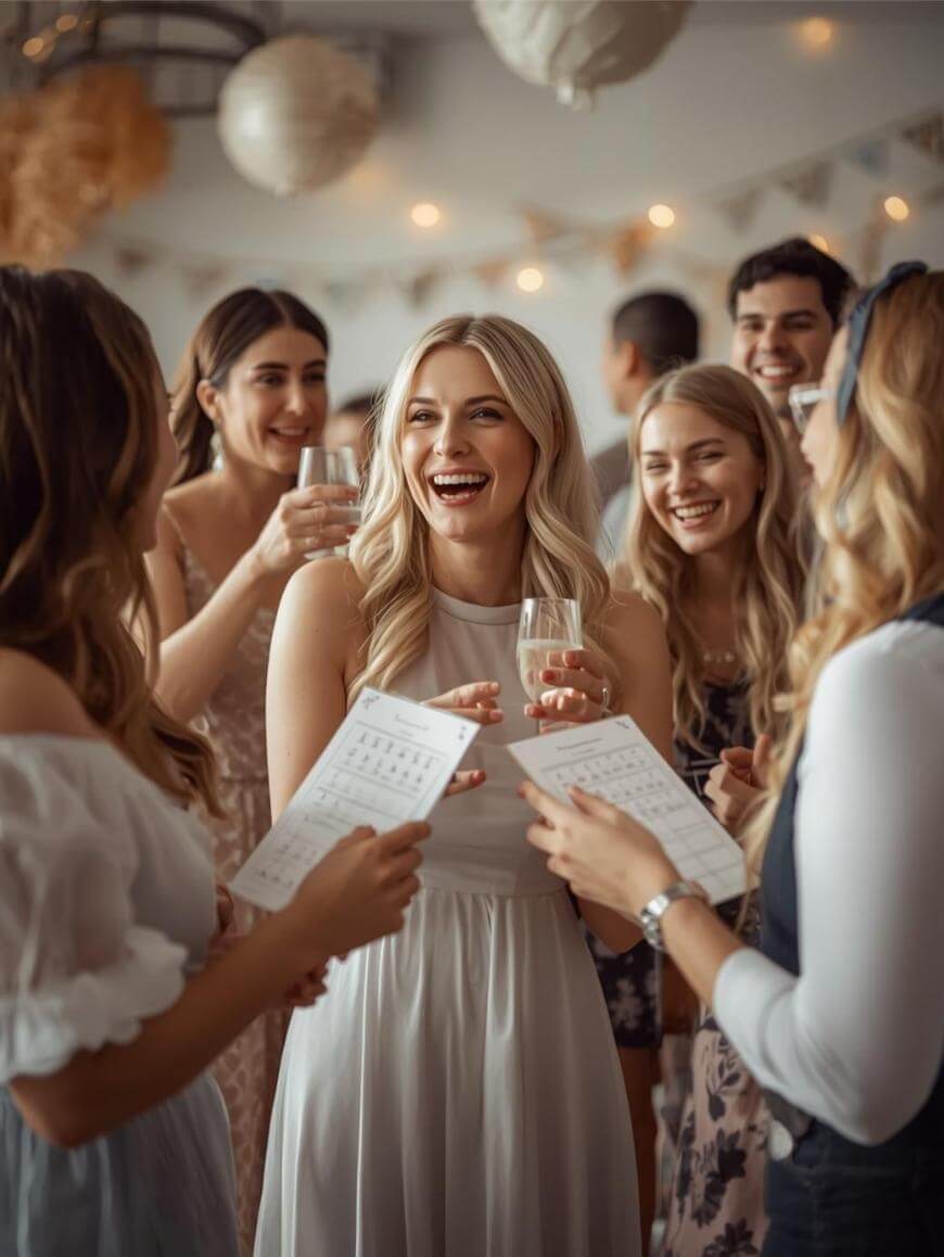 A group of young adults, dressed in semi-formal attire, laugh and hold drinks at a lively indoor gathering. Some hold sheets of paper, possibly for a game or activity. Warm lighting and decorations create a festive atmosphere.