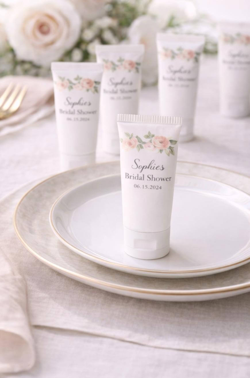 A small tube labeled Sophies Bridal Shower 06.15.2024 is placed on a white plate, with similar tubes and floral decorations in the background, creating an elegant bridal shower table setting.
