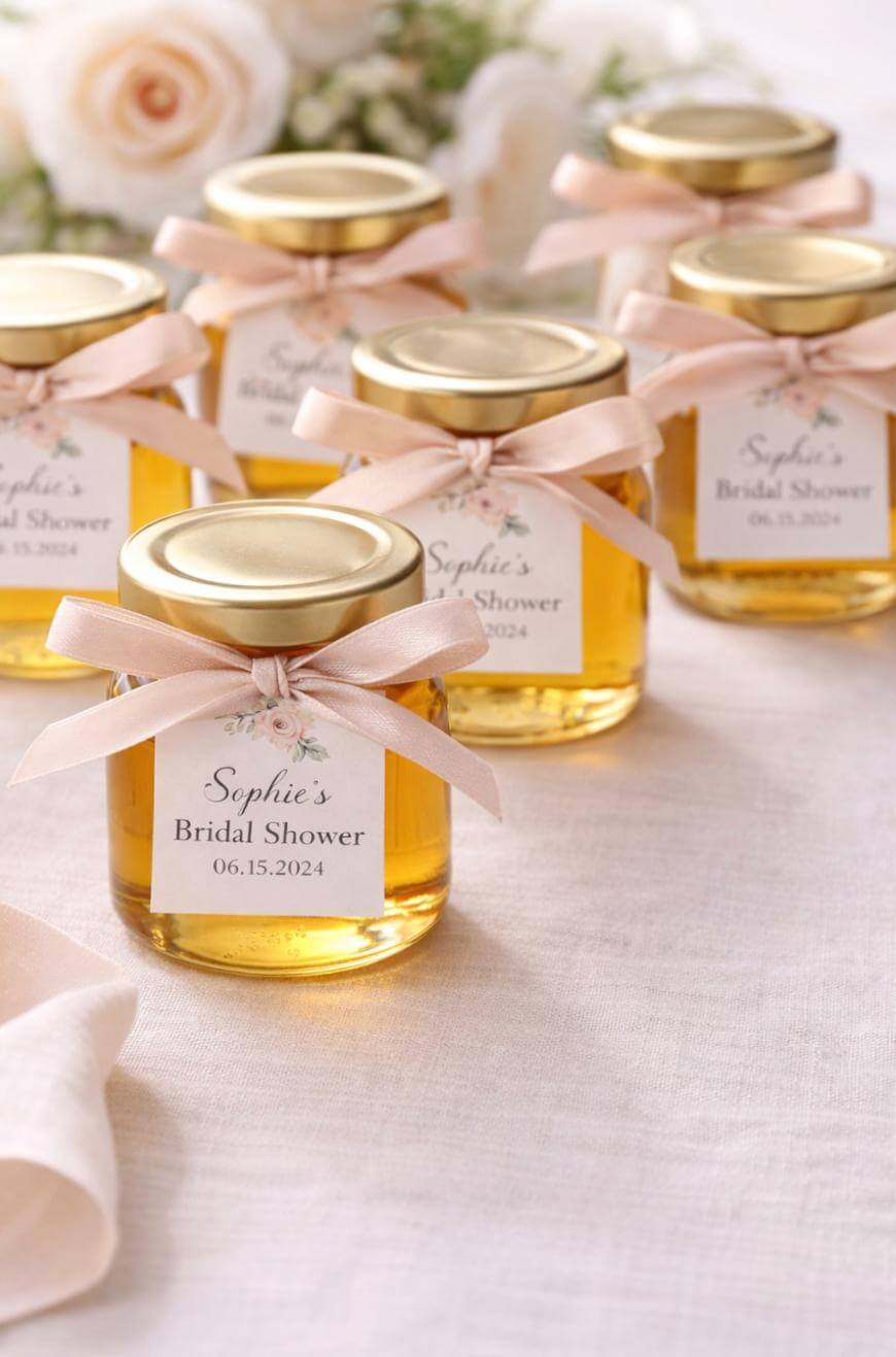 Five small jars of honey with gold lids and pale pink ribbon bows, each labeled “Sophies Bridal Shower 06.15.2024,” are arranged on a light tablecloth with white flowers blurred in the background.