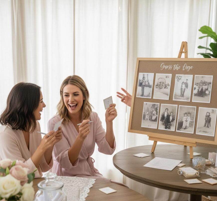 Two women sit at a table smiling and laughing while playing a Guess the Love photo game with vintage wedding photos pinned to a corkboard. One woman holds a card; the setting is bright and cheerful.